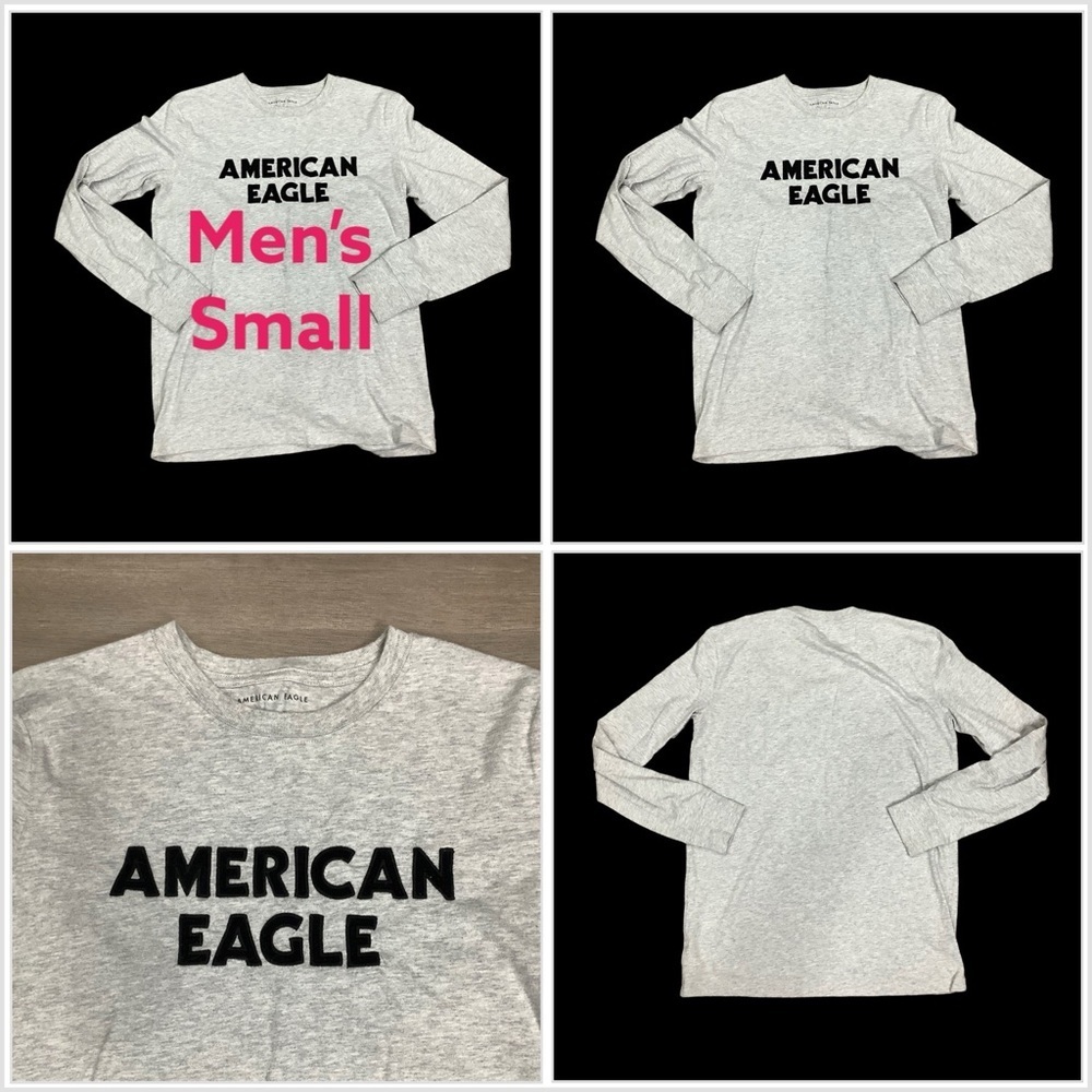 Men’s American Eagle S Small Logo Crewneck Long Sleeve Shirt Gray Black Cotton